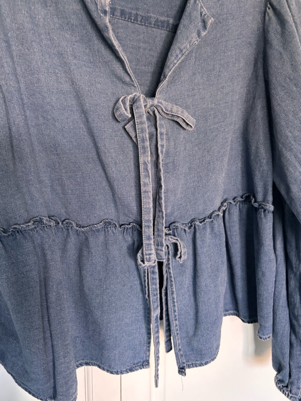 Light Blue Denim Tie-Front Peplum Top - Picture 2 of 3